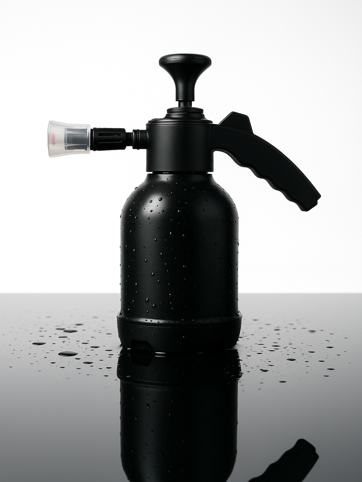 Black foam cannon on a reflective surface with water droplets